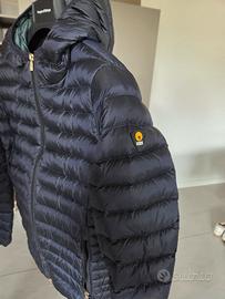 Piumino leggero blu con cappuccio in vera piuma