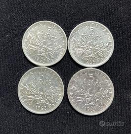 4 Monete Francia 5 Franchi  - 12,0 Gr Argento 835.