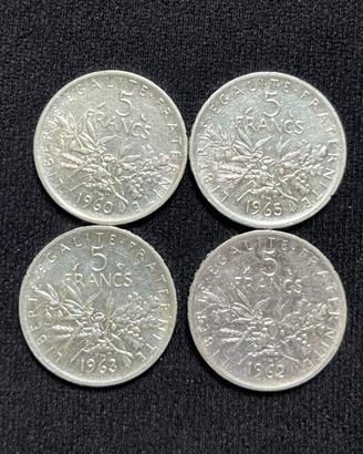 4 Monete Francia 5 Franchi  - 12,0 Gr Argento 835.