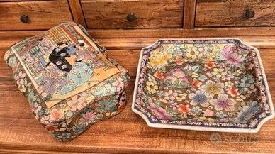 Scatola e piatto Cinesi immagini, fiori in rilievo