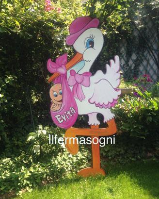 Cicogna nascita in legno , misure maxi per esterni