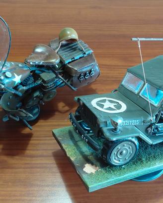 Modellini artigianali il latta WW2 Jeep e Harley