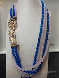 collana-Torchon quarzo rosa agata blu argento