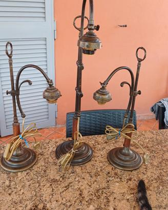 Tris Lampade da Tavolo Vintage in Ottone e Legno 