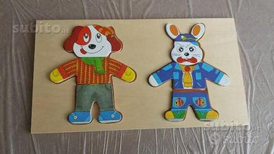 Puzzle legno coniglio e cagnolino con guardaroba