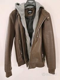 Giubotto in pelle biker con capuccio da uomo