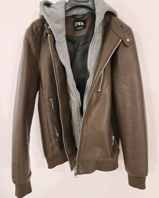 Giubotto in pelle biker con capuccio da uomo