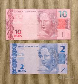 2 banconote Brasile da 2 e 10 Reais