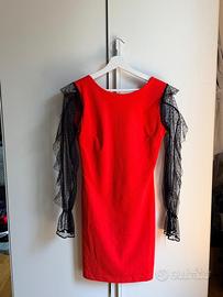 Vestito Donna Rosso Maniche in Tulle Nero-Taglia M