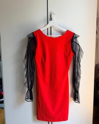 Vestito Donna Rosso Maniche in Tulle Nero-Taglia M