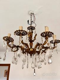 Lampadario Vintage in Ottone e Cristalli