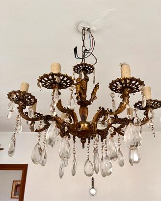 Lampadario Vintage in Ottone e Cristalli