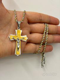 Croce + Collana Stile Corda Bicolore Oro Argento