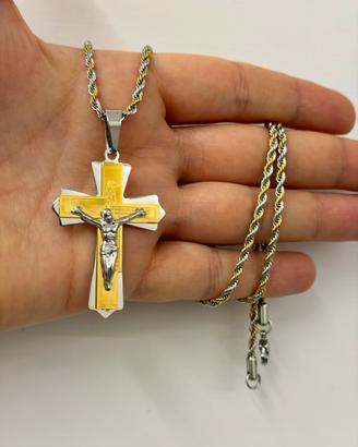 Croce + Collana Stile Corda Bicolore Oro Argento