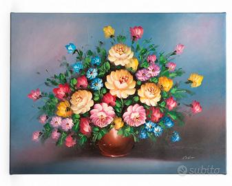 Bouquet in vaso rosso - olio su tela 50x70