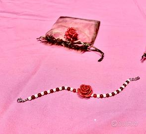 Set bracciale e anello con perline e rosa rossa