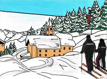 Sciatori dei Carabinieri. Dipinto su tela+Rivista 