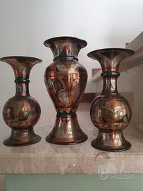 tris vasi vintage indiani entinici ottone e rame 