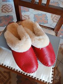 Ciabatte Pantofole VERA PELLE e LANA Agnello Rosse