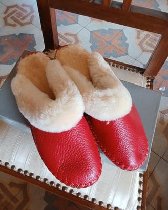 Ciabatte Pantofole VERA PELLE e LANA Agnello Rosse
