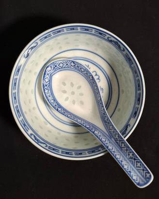 Porcellana Jingdezhen - ciotola riso con cucchiaio