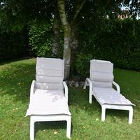 2 sdrai bianchi in plastica con cuscini grigi