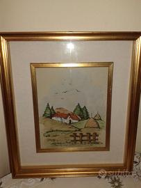 Quadro Casa in Campagna con Cornice Legno colorOro