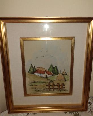Quadro Casa in Campagna con Cornice Legno colorOro