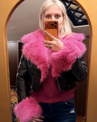 giubbotto pelle corto con pelliccia fucsia