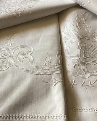 Lenzuolo ricamo a mano sfilato/filet nuovo 1970