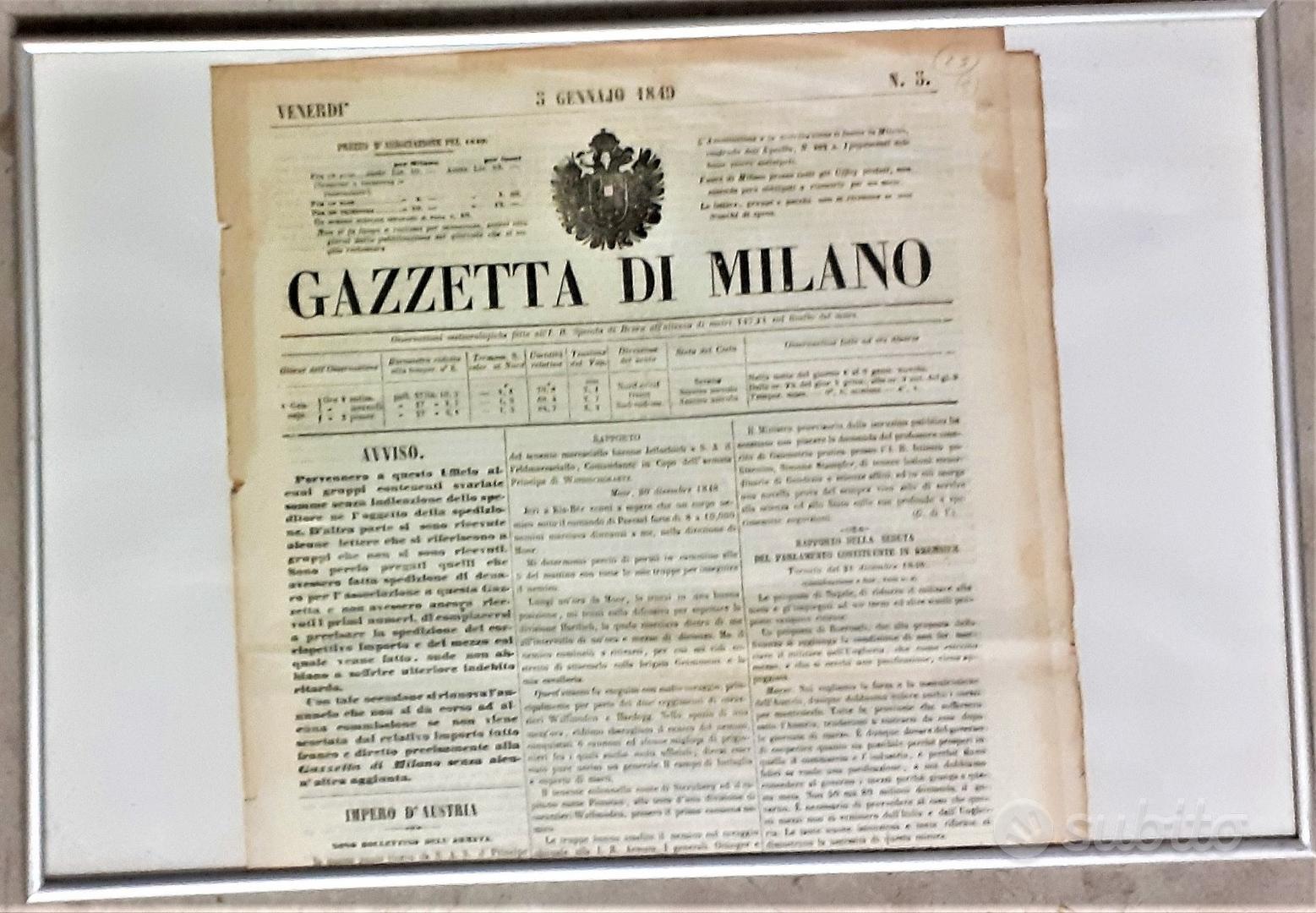 Giornale antico La Gazzetta di Milano del 1849 Arredamento e