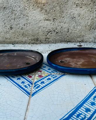 2 vasi bonsai in gres smaltato blu
