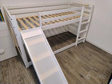Letto a castello legno bianco con scivolo 90x200