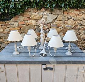 Lampadario metallo grigio + 2 abat-jour shabby