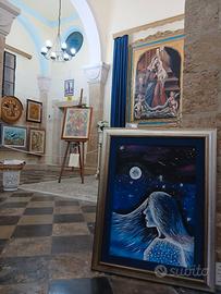 Quadro dipinto donna con cornice argento 50x70