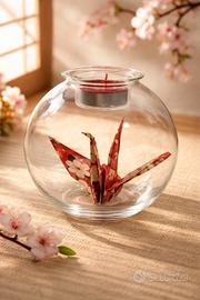 Porta candela con ornamento gru origami 
