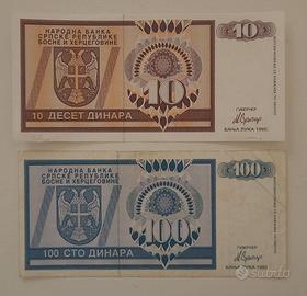 COPPIA BANCONOTA 10-100 DINARA BOSNIA DEL 1992