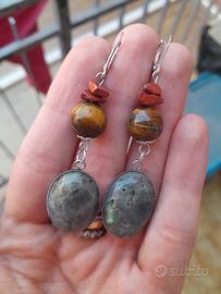 orecchini labradorite, argento 925 corallo, pietre