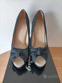 Décolleté open toe blu scuro tacco alto plateau