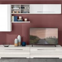 Parete attrezzata bianca lucida e legno con casset