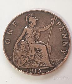 Moneta Antica One Penny bronzo Re Edoardo VII 1910
