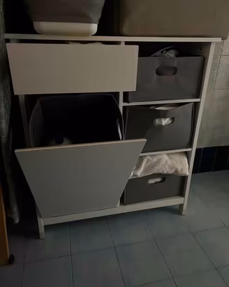 Mobiletto da bagno bianco con cassetto e contenito