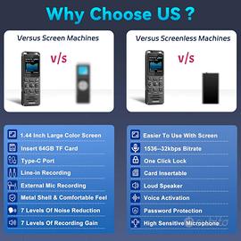 registratore vocale 80gb usb c mp3 schermo 70 ore