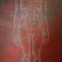 big red painting with young woman 