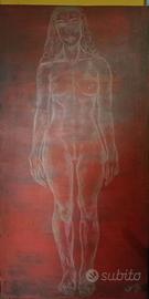 big red painting with young woman 