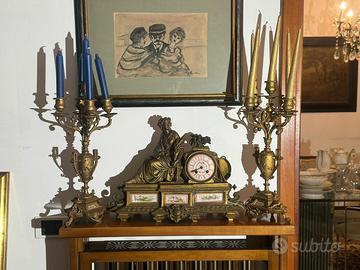 Trittico Orologio + Candelieri Antimonio,XIX Sec