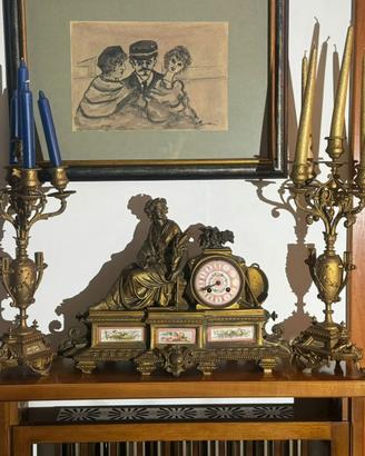 Trittico Orologio + Candelieri Antimonio,XIX Sec