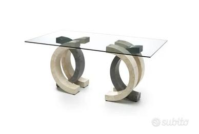  tavolo da soggiorno in vetro e base pietra