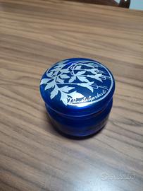Scatola vetro soffiato blu cobalto decoro argento 