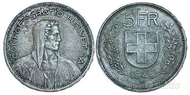 Svizzera. Helvetia. AR 5 Franchi 1949 B. Argento